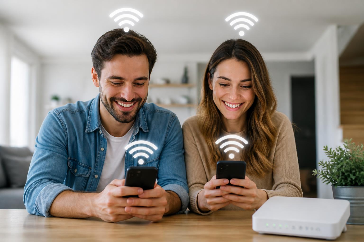 Técnico instalando fibra óptica en un router mientras una pareja usa laptop y teléfono