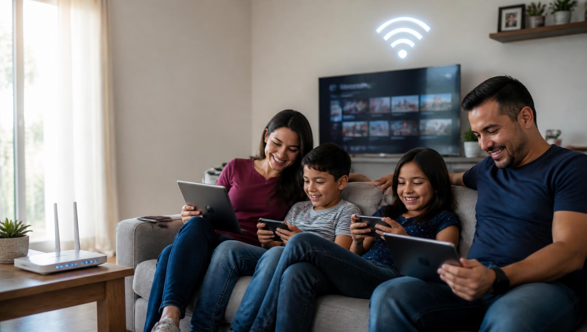 Familia usando dispositivos conectados a Internet en casa