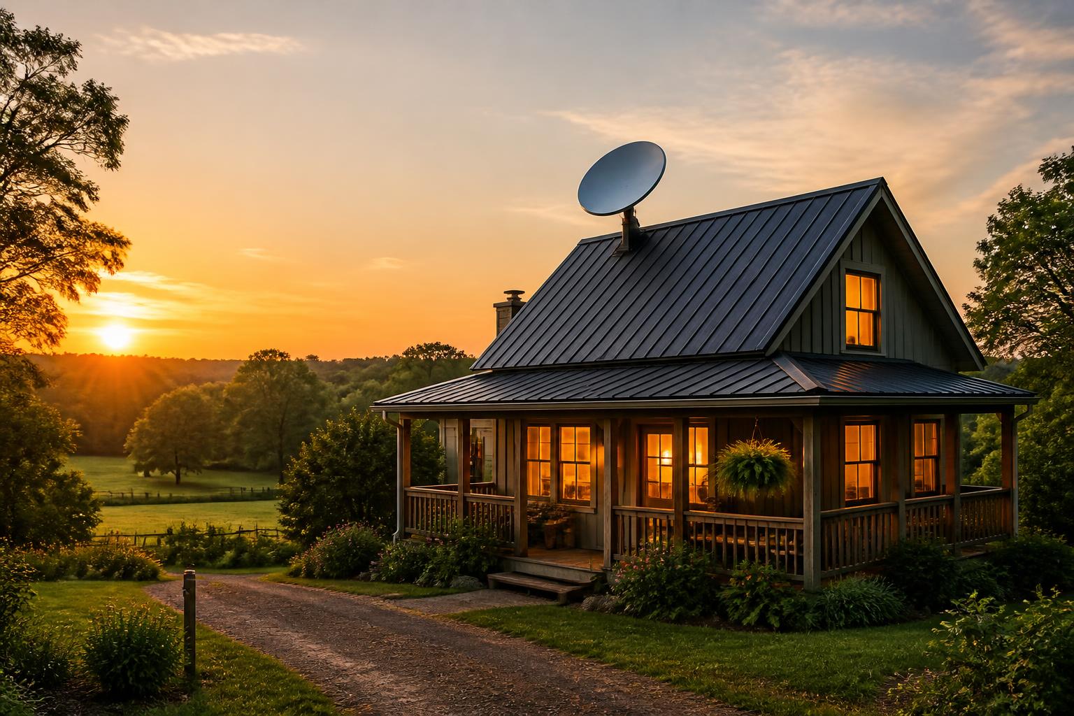 Casa rural al atardecer con antena de Internet satelital en el techo