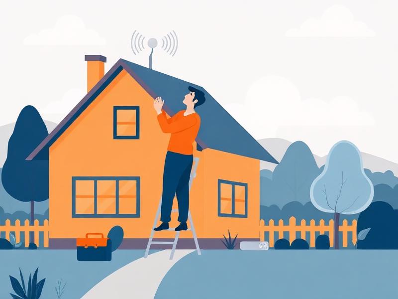 Técnico instalando equipo de Internet en una vivienda rural