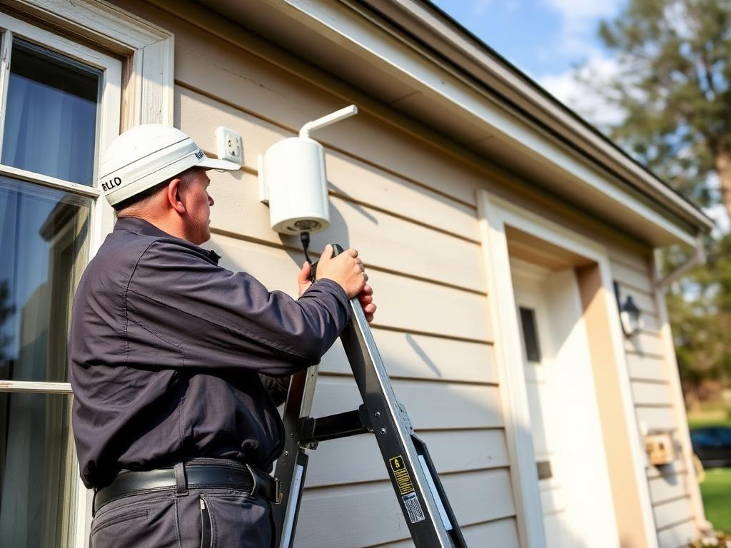 Técnico instalando equipo de Internet en una vivienda rural
