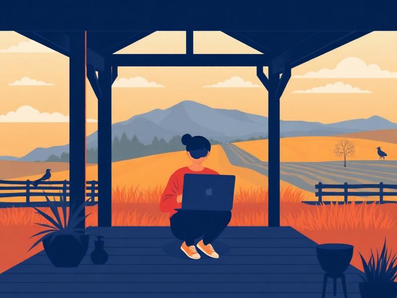 Persona trabajando con laptop en el porche de una casa rural