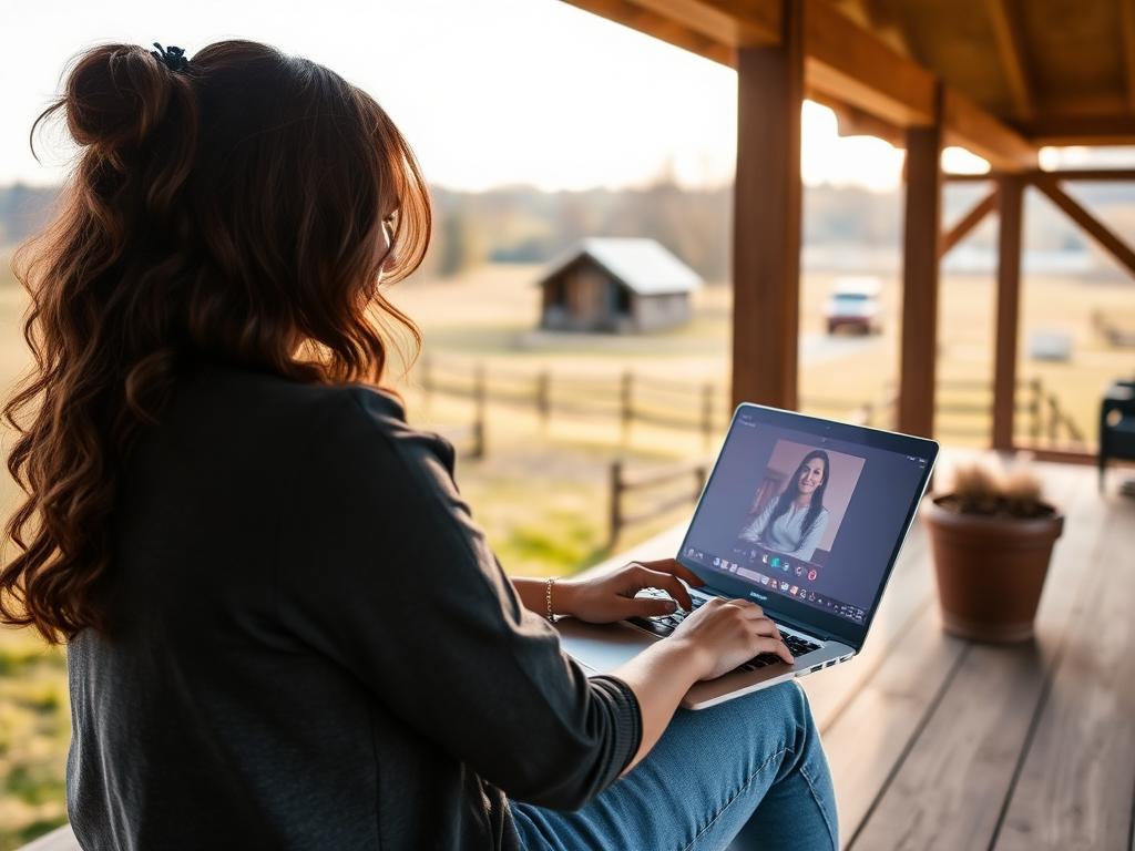 Persona trabajando con laptop en el porche de una casa rural