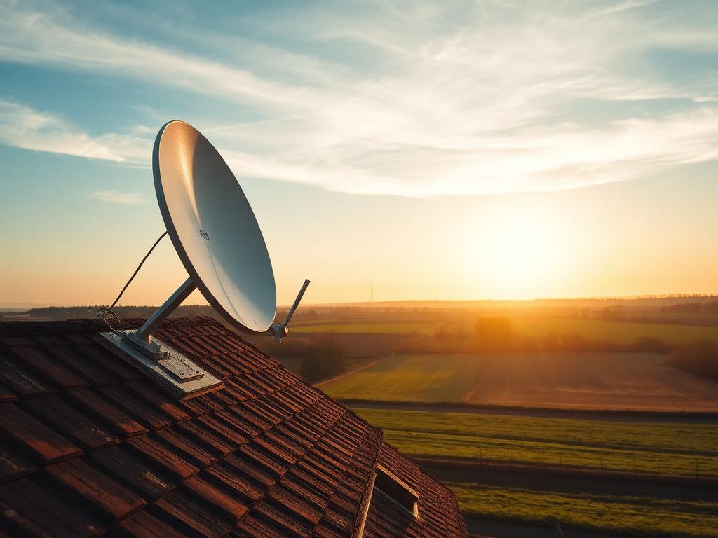 Antena satelital instalada en el tejado de una casa de campo