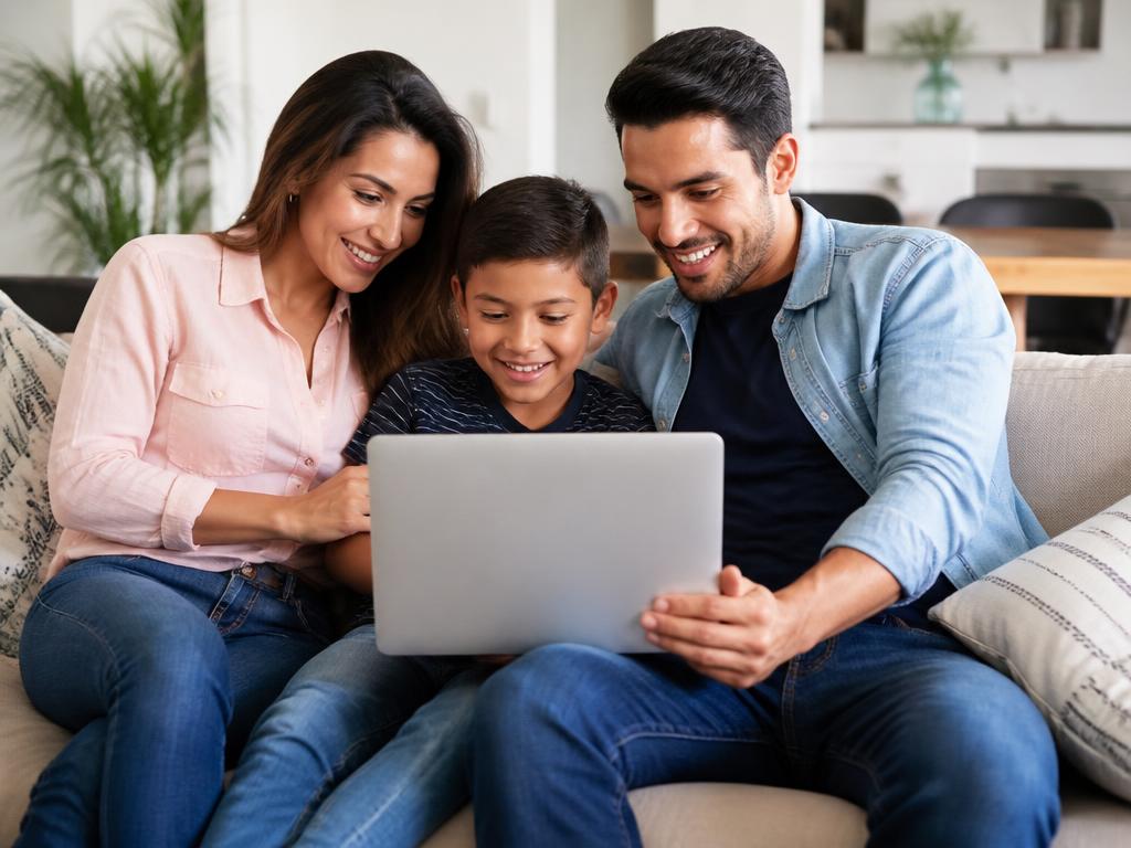 Familia revisando una factura de servicios y sonriendo por el ahorro