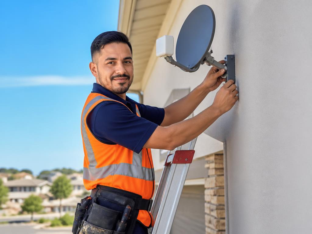 Instalador profesional en una escalera instalando equipo de Internet en el exterior de una casa