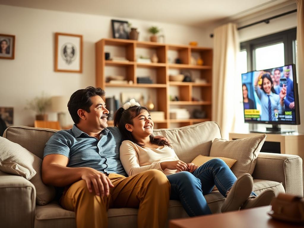 Familia viendo programación en español en casa